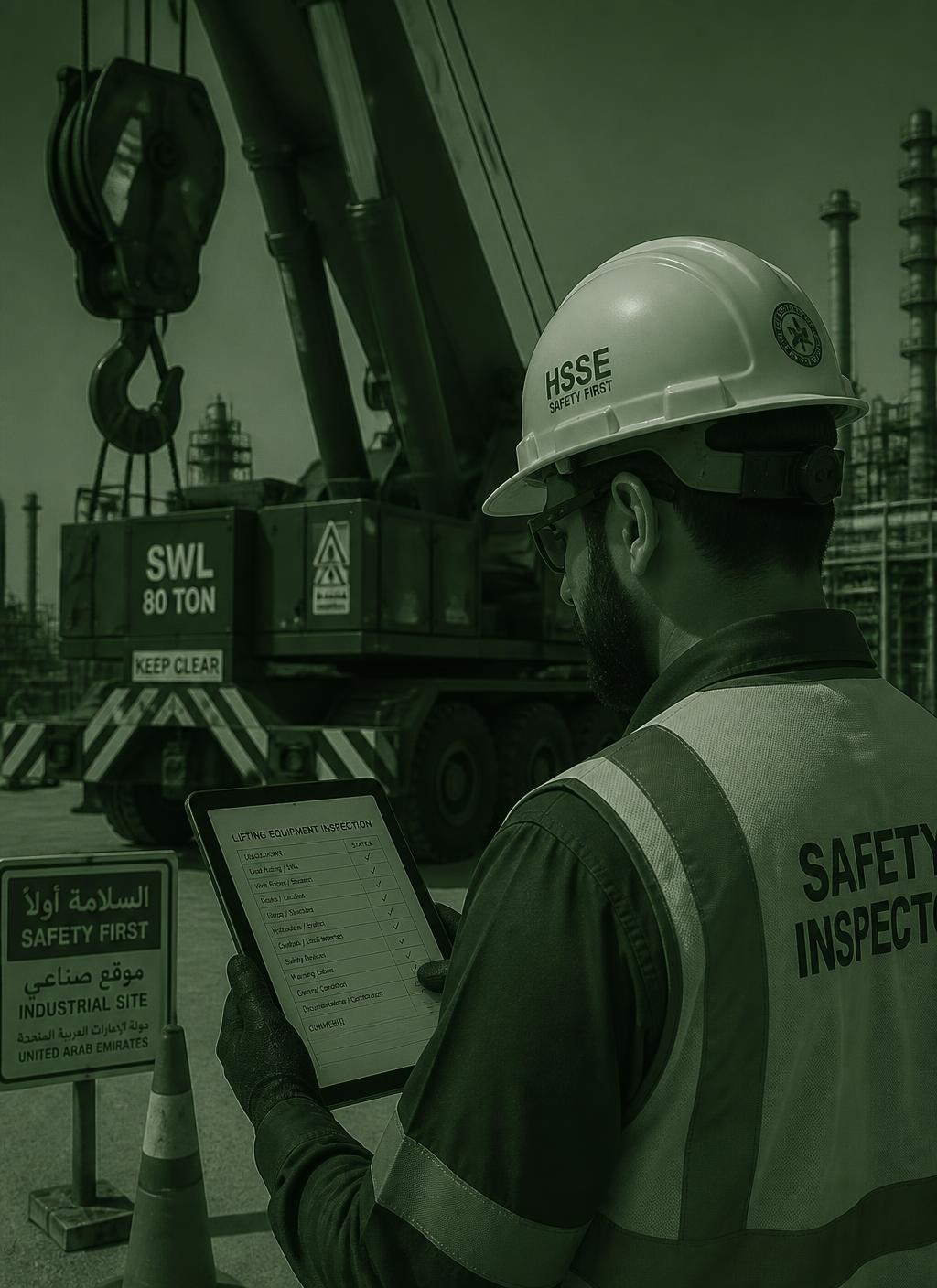 Safety inspector reviewing a lifting equipment checklist on site